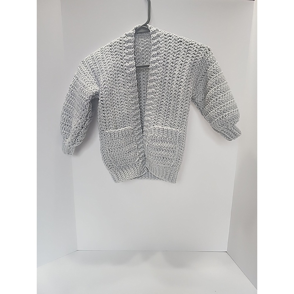 Handmade Crochet Shimmer Cardigan Kids‎ 3T Gray Metallic Open Front Sweater